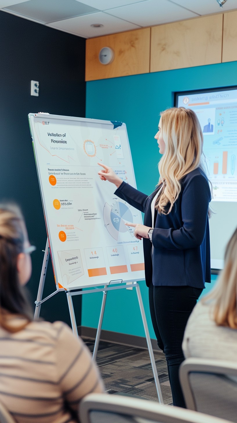 Professional woman presenting business insights with engaging visuals to an attentive audience.