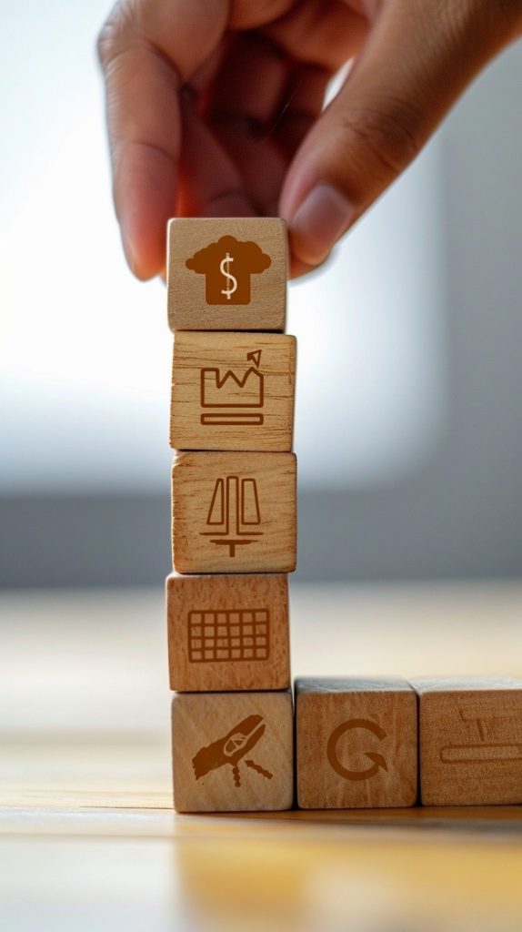 Hand stacking wooden blocks with business symbols to illustrate strategic development and planning.
