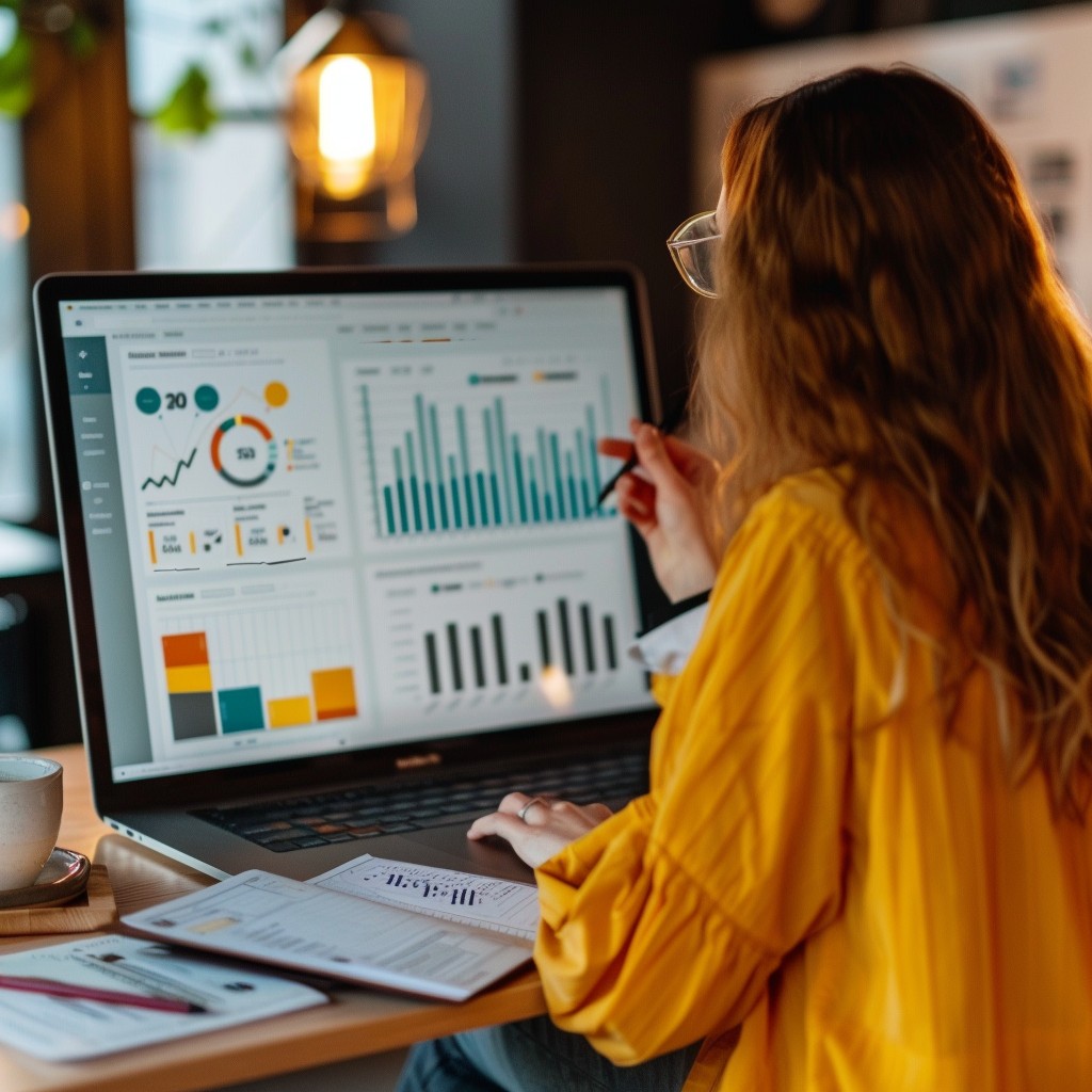 Woman in yellow blouse analyzes data on laptop in a cozy, modern workspace.