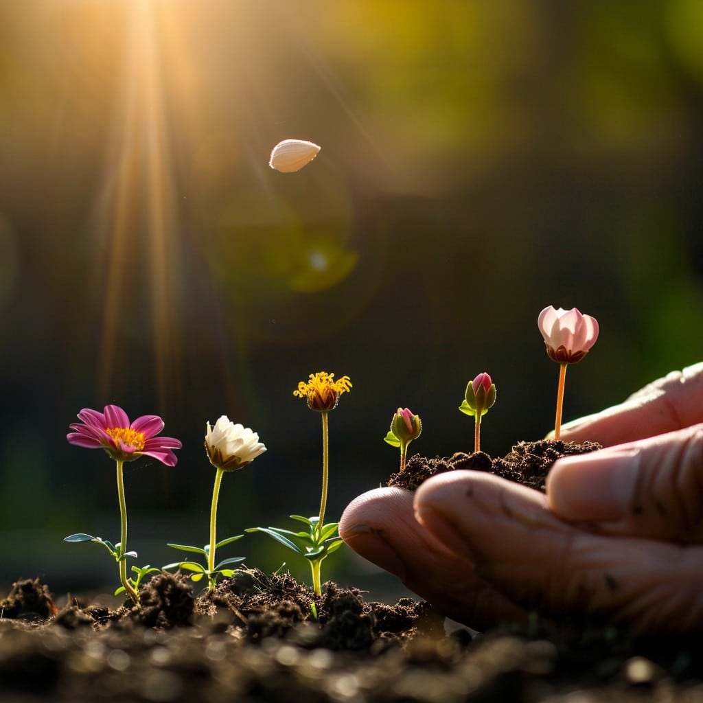 Gentle hands nurture vibrant flowers, showcasing the beauty of growth under warm sunlight.