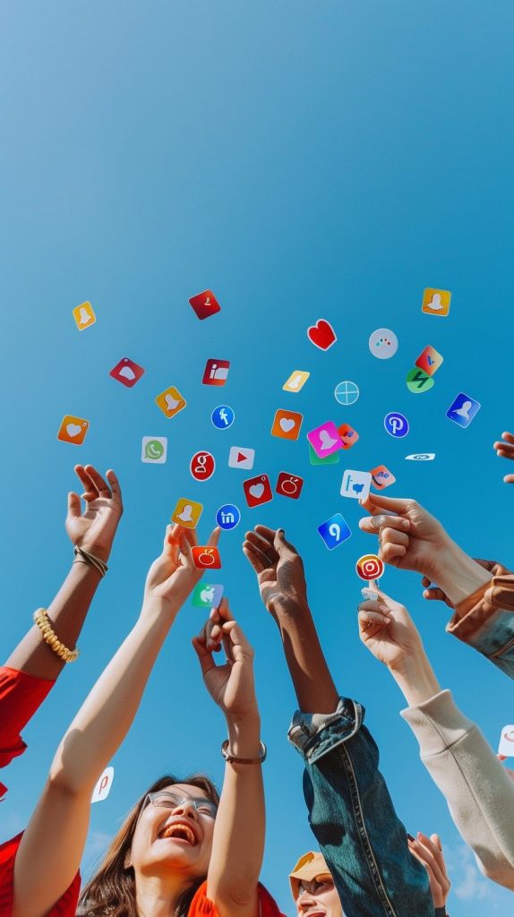 Joyful group celebrating digital connections under a blue sky with colorful social media icons.