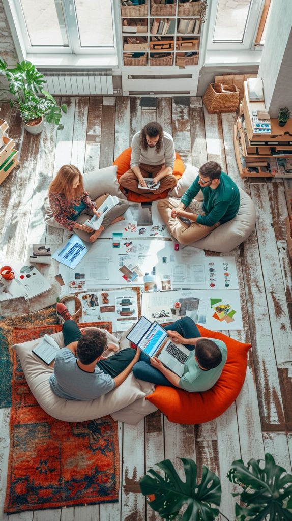 Diverse team brainstorming in a cozy, sunlit workspace with laptops and creative materials.