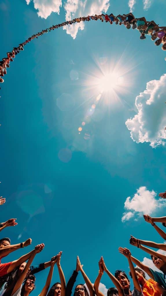 Joyful celebration of unity under a bright sky with diverse individuals forming an arch.