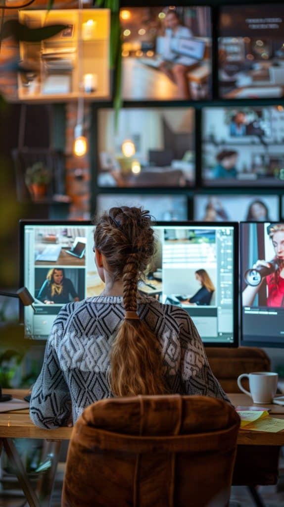 Woman multitasking at a stylish desk with dual monitors in a cozy, modern workspace.