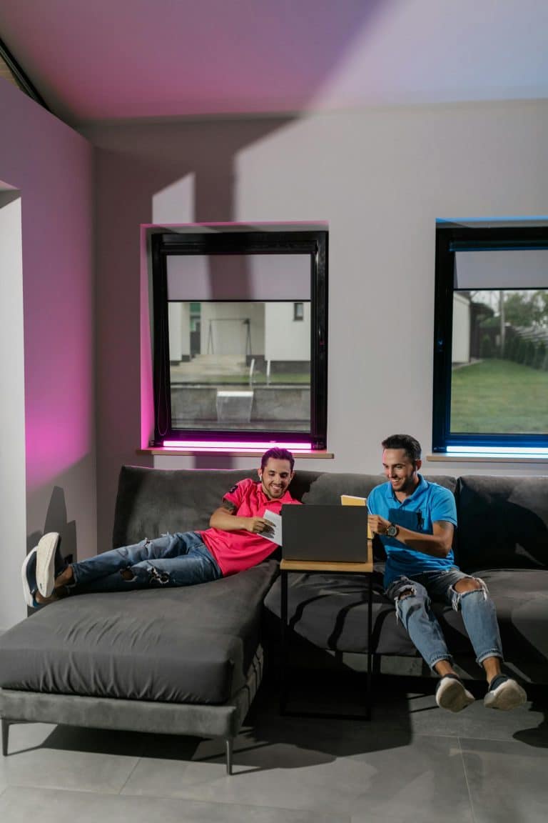 Two men relaxing on sofa using laptop