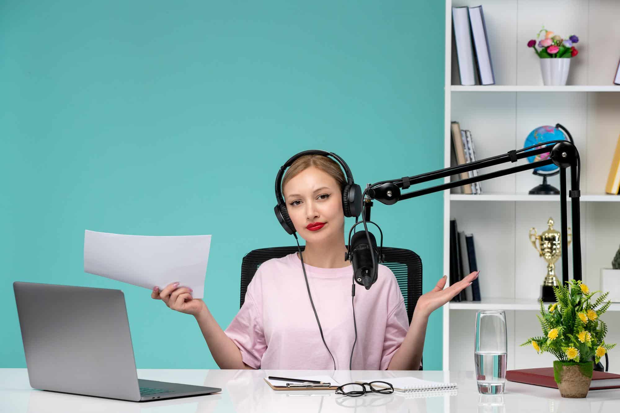Confident woman recording a podcast in a modern, vibrant workspace with stylish decor.