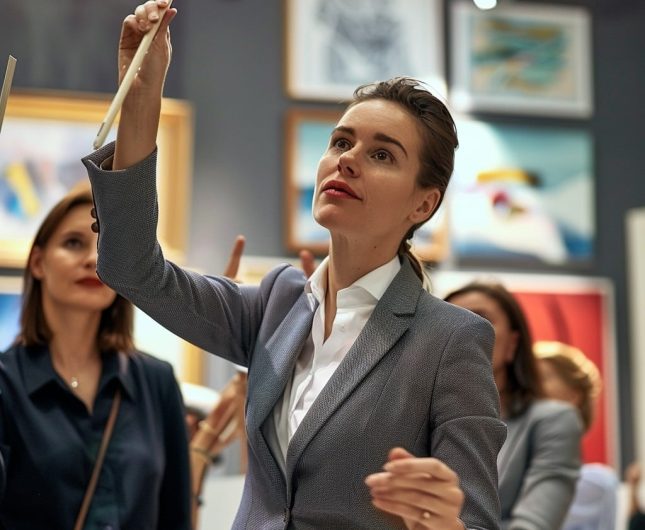 Women admire vibrant contemporary art in a lively gallery setting, engaging in thoughtful discussion.