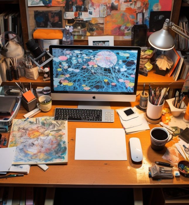 Colorful artistic workspace filled with digital art, sketches, and inspiring visual collages.