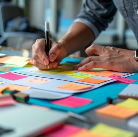 Focused brainstorming session with colorful sticky notes and creative tools in a modern workspace.