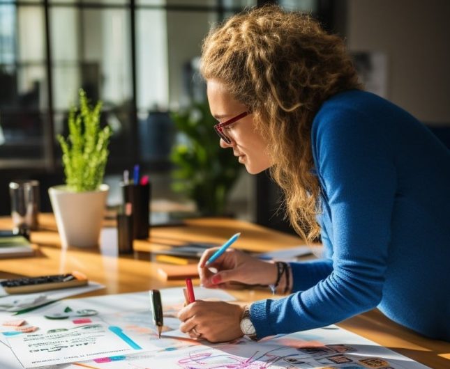 Woman brainstorming ideas in a bright, modern workspace filled with creativity and collaboration.