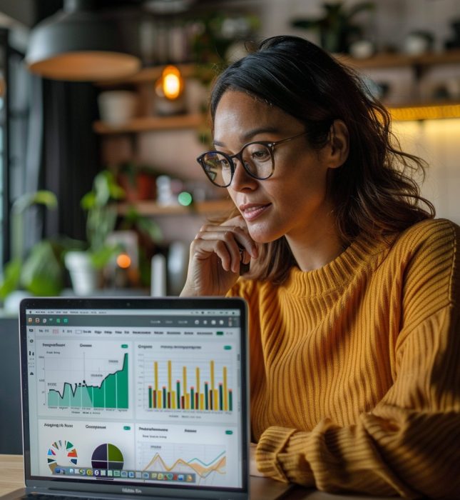 Young woman analyzing colorful data charts in a modern, inviting workspace with warm decor.