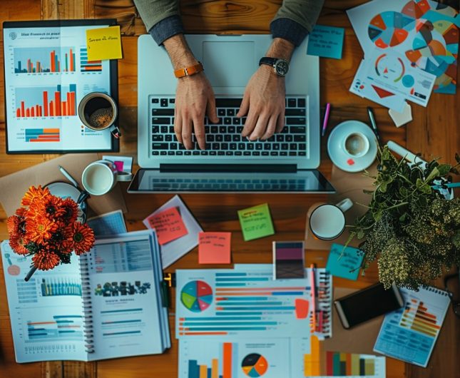 Inviting workspace with laptop, vibrant charts, coffee, flowers, and natural light for data analysis.