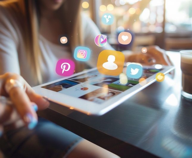 Woman in cafÃ© engaging with tablet and coffee, immersed in social media interaction.
