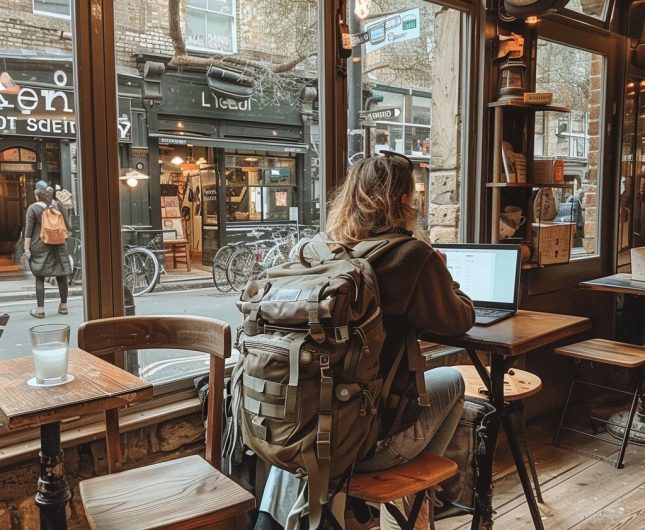 Cozy cafÃ© workspace with warm ambiance, perfect for productivity and enjoying urban street life.