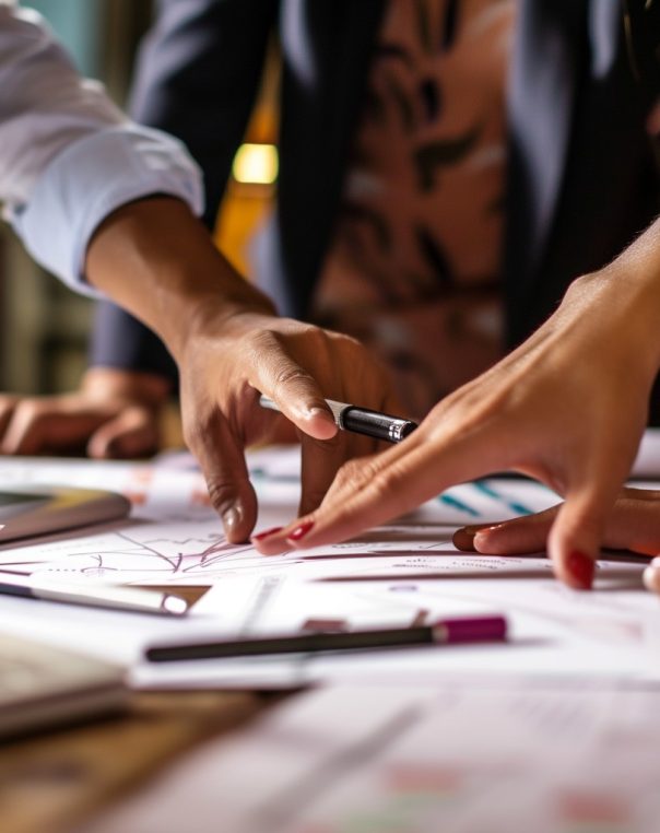 Diverse team collaborating over charts and notes in a warm, professional workspace.