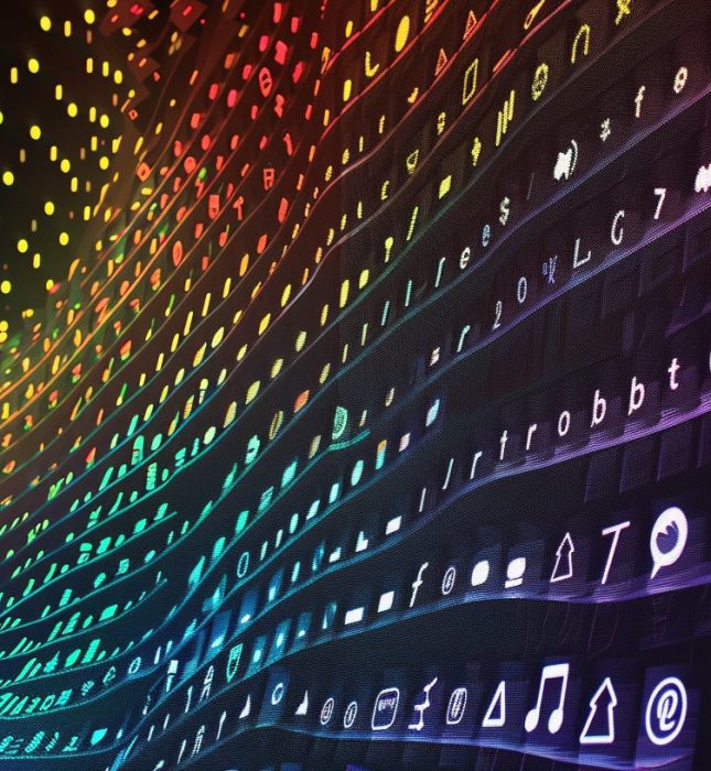 Colorful wave pattern with tech icons symbolizing modern digital connectivity and communication.