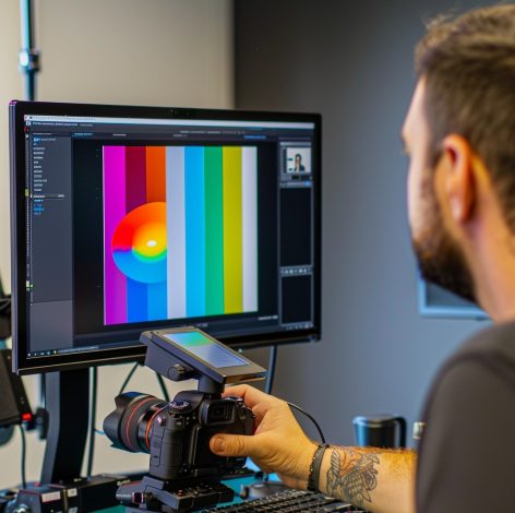 Focused graphic designer captures images while working with vibrant color gradients in a modern workspace.