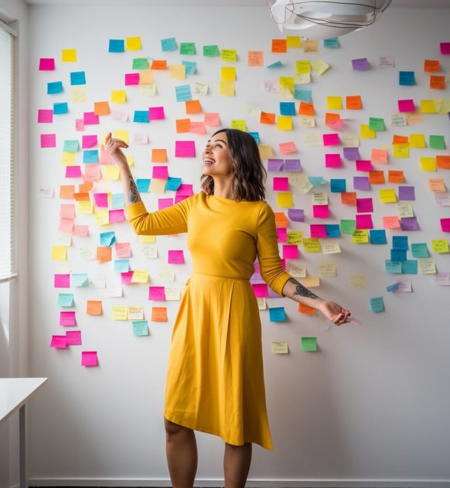 Woman in yellow dress joyfully stands before a wall of colorful sticky notes.