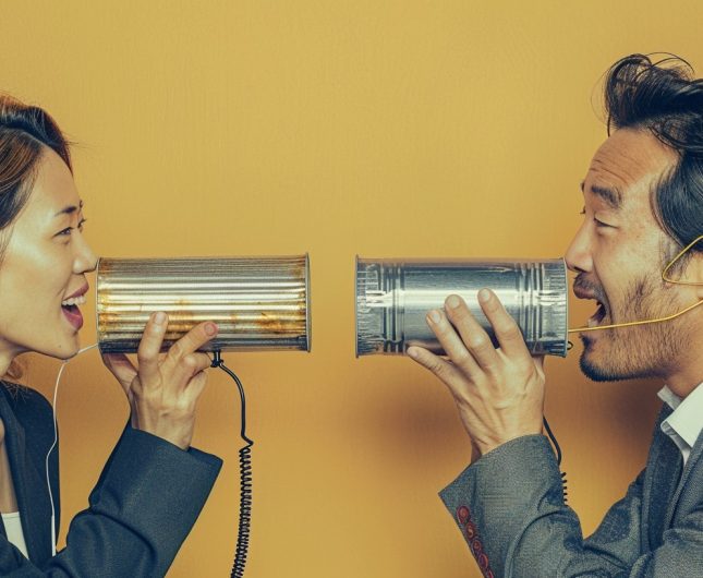 Joyful conversation using tin can phones in a vibrant yellow setting.