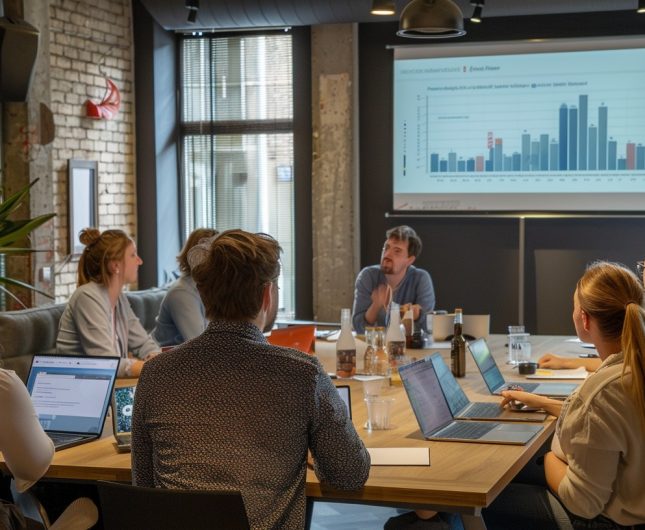 Collaborative business meeting in a bright, modern conference room with engaging visuals.