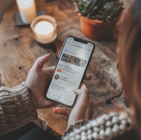 Cozy individual with smartphone at rustic table, illuminated by candlelight and surrounded by greenery.