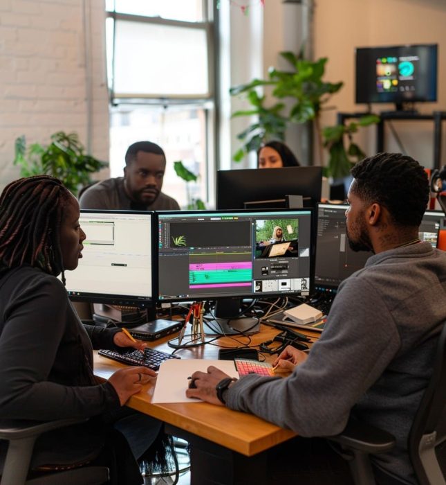 Team collaboration in a modern creative workspace focusing on video editing and productivity.