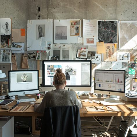 Stylish creative workspace with modern technology, inspiring decor, and natural light for productivity.