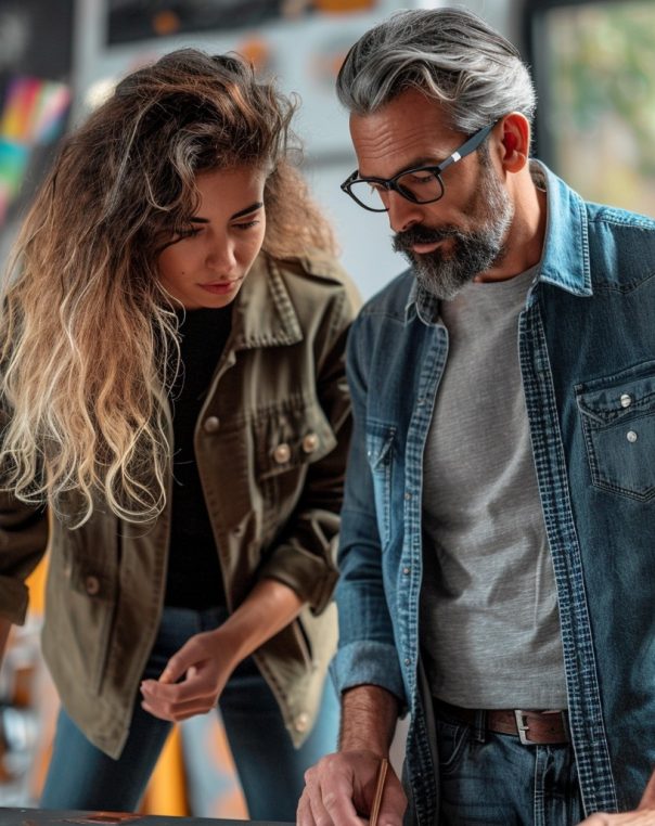 Collaborative brainstorming in a vibrant design workspace with color swatches and creative energy.