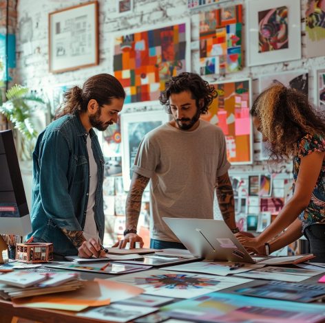 Diverse team collaborating in a colorful creative workspace filled with art and design materials.