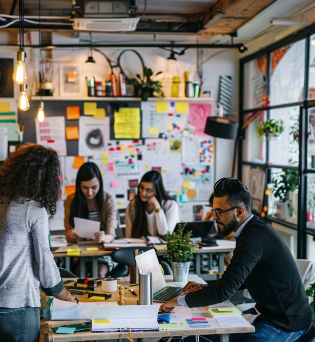 Dynamic open office fostering creativity through collaboration, vibrant decor, and natural light.