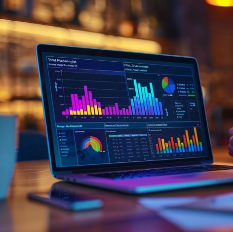 Vibrant data visualizations on a laptop in a cozy, well-lit workspace with a coffee cup.