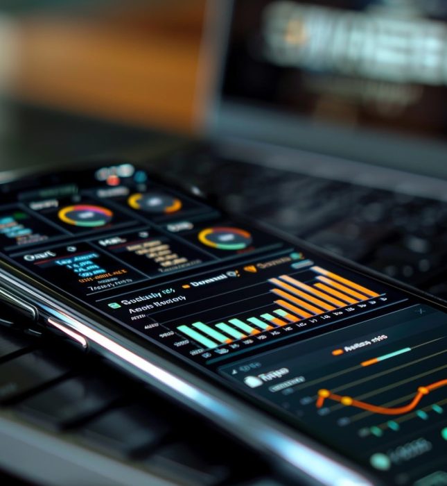 Smartphone displaying colorful data analytics dashboard in a modern workspace with a keyboard.