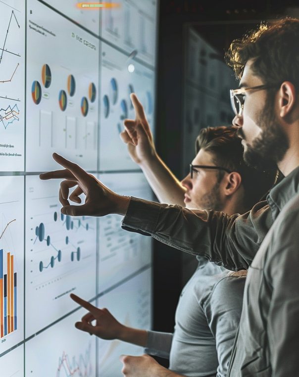 Men analyzing data visualizations in a modern conference room, emphasizing teamwork and technology.
