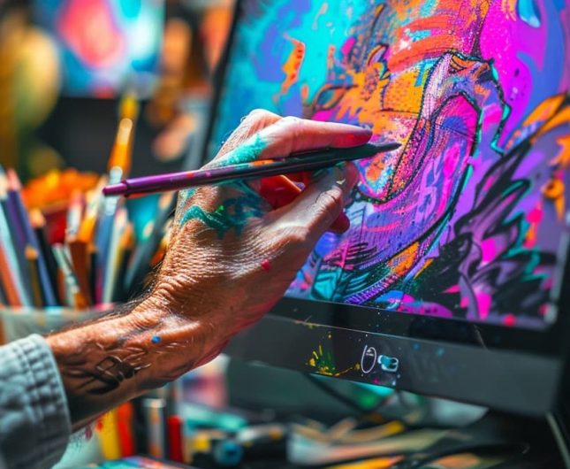 Creative artist engaged in digital painting amid a vibrant, inspiring workspace filled with art supplies.