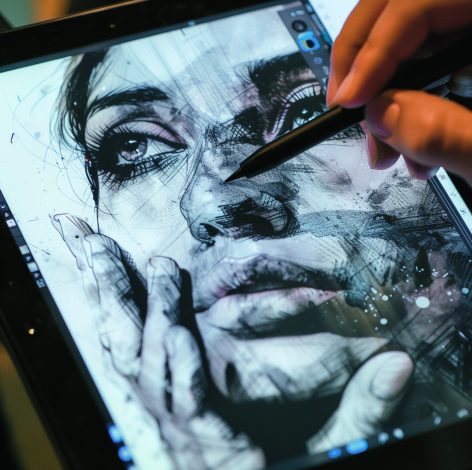 Artist creating a detailed digital portrait of a young woman on a tablet.