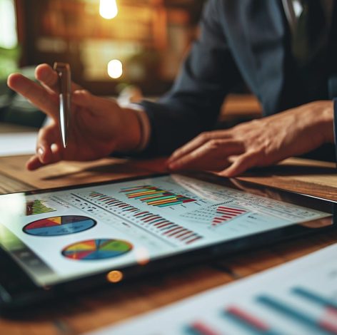 Professional analyzing financial trends with a tablet, vibrant graphs, and a rustic office setting.