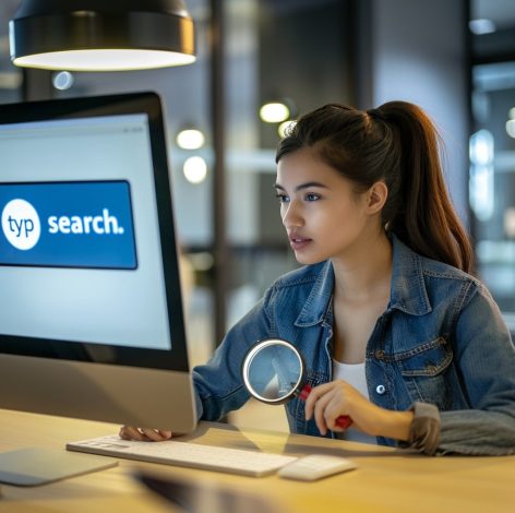 Young woman researching digitally with focus, blending traditional tools in a modern workspace.