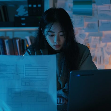 Young woman diligently studies at her desk, illuminated by warm lamp light and laptop glow.