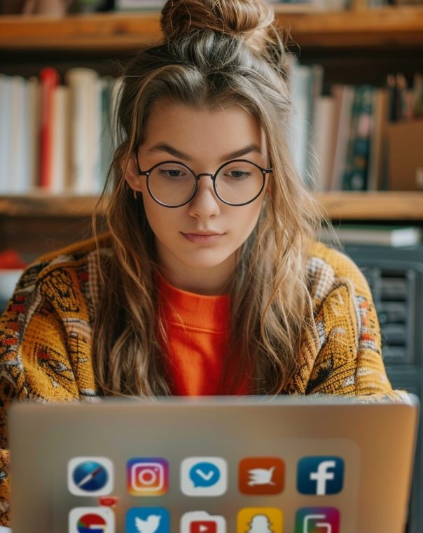 Young woman with laptop in colorful workspace, surrounded by books and social media icons.