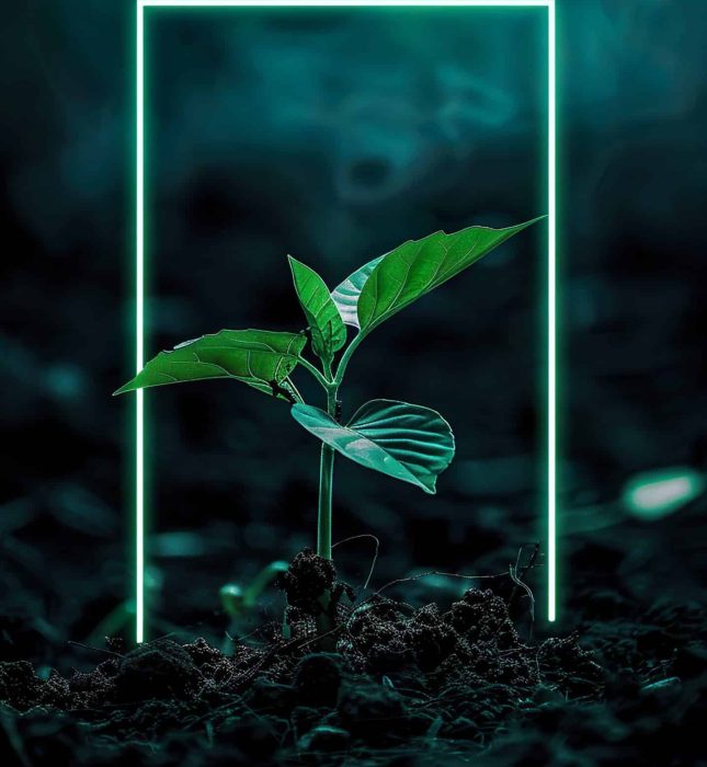 Vibrant green plant glowing in a surreal frame, symbolizing hope and the fusion of nature and technology.