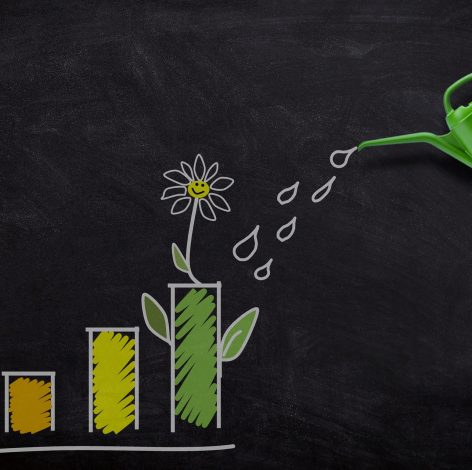 Colorful bar graphs symbolize growth, with a flower and watering can representing nurturing support.