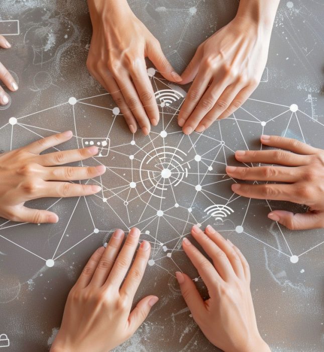 Diverse hands unite around a network, symbolizing teamwork and creativity in a digital age.