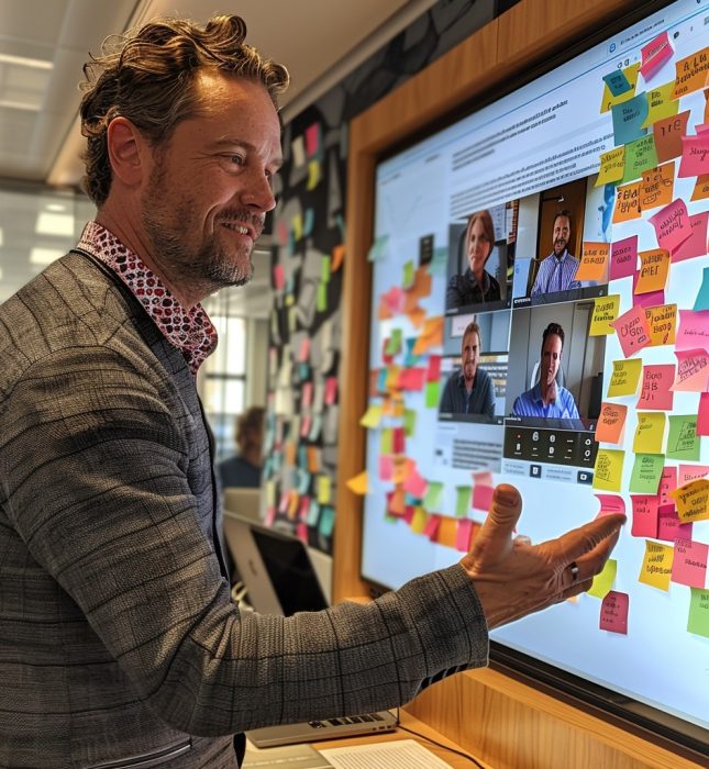 Dynamic collaboration in a modern workspace with digital screens and colorful brainstorming notes.