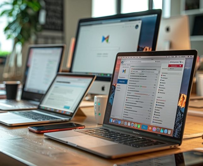 Sleek modern workspace with laptops, desktop, natural light, coffee, and greenery for creativity.