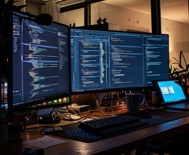 Cozy modern workspace with multiple monitors, plants, and soft lighting for late-night coding.