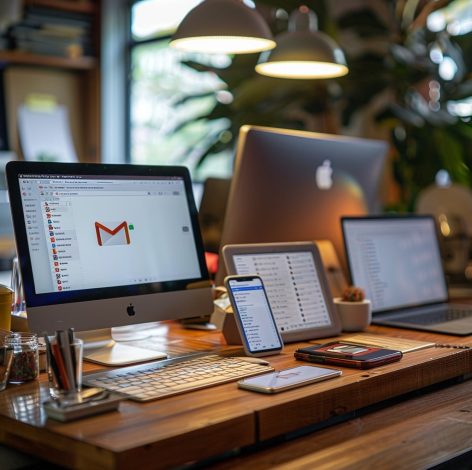 Sleek modern workspace with iMac, MacBook, iPad, and greenery for a productive atmosphere.