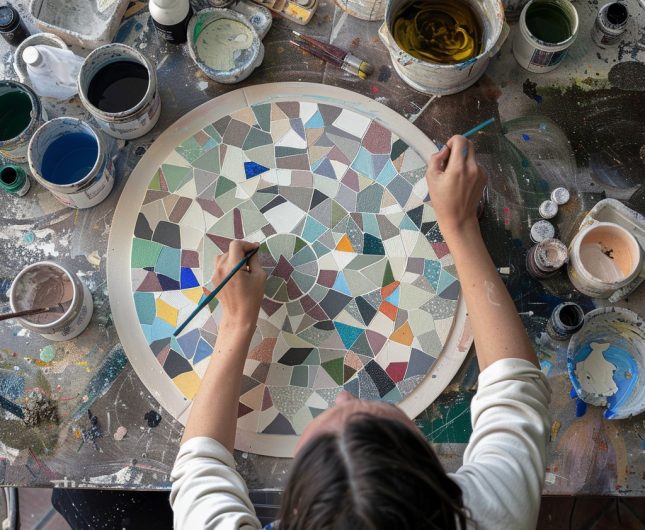Artist creating a colorful mosaic in a vibrant, chaotic creative workspace.