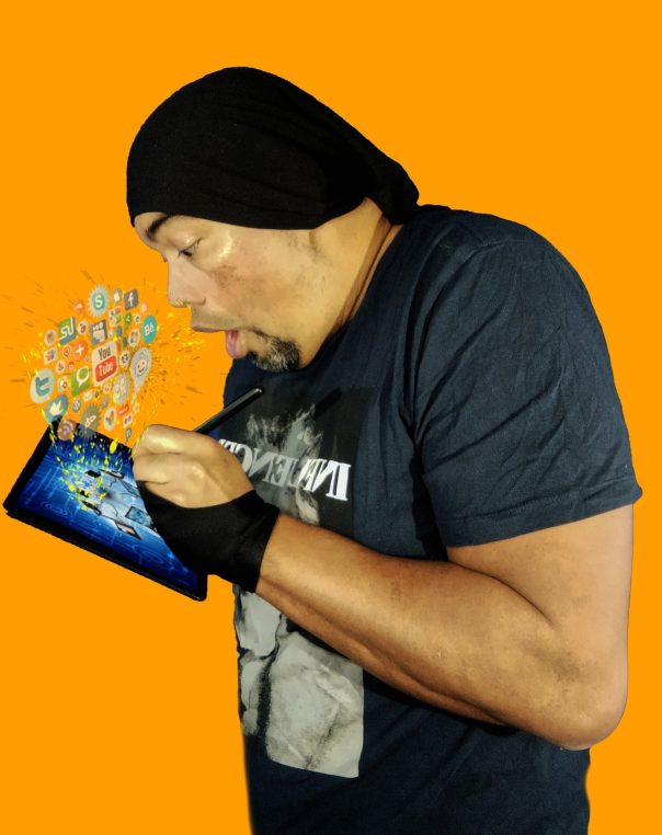 Muscular man excitedly interacts with a colorful tablet against a vibrant orange background.
