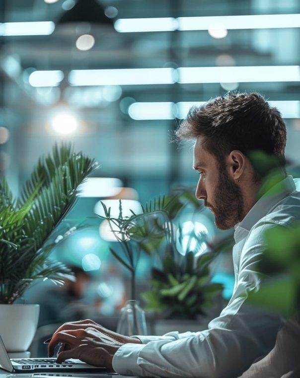 Dedicated professional working late in a tranquil, plant-filled minimalist workspace.
