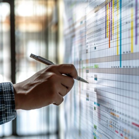 Engaged in data analysis, a hand studies a colorful chart in a modern office setting.